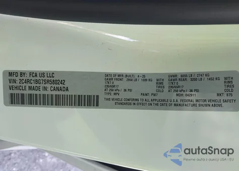 2025 Chrysler Pacifica Select z USA, uszkodzony, nr VIN 2C4RC1BG7SR580242